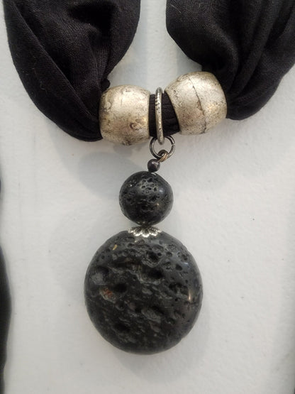 <span;>Black scarf with silver tone beads and black lava bead in middle of scarf. - I Bought a Yard Sale