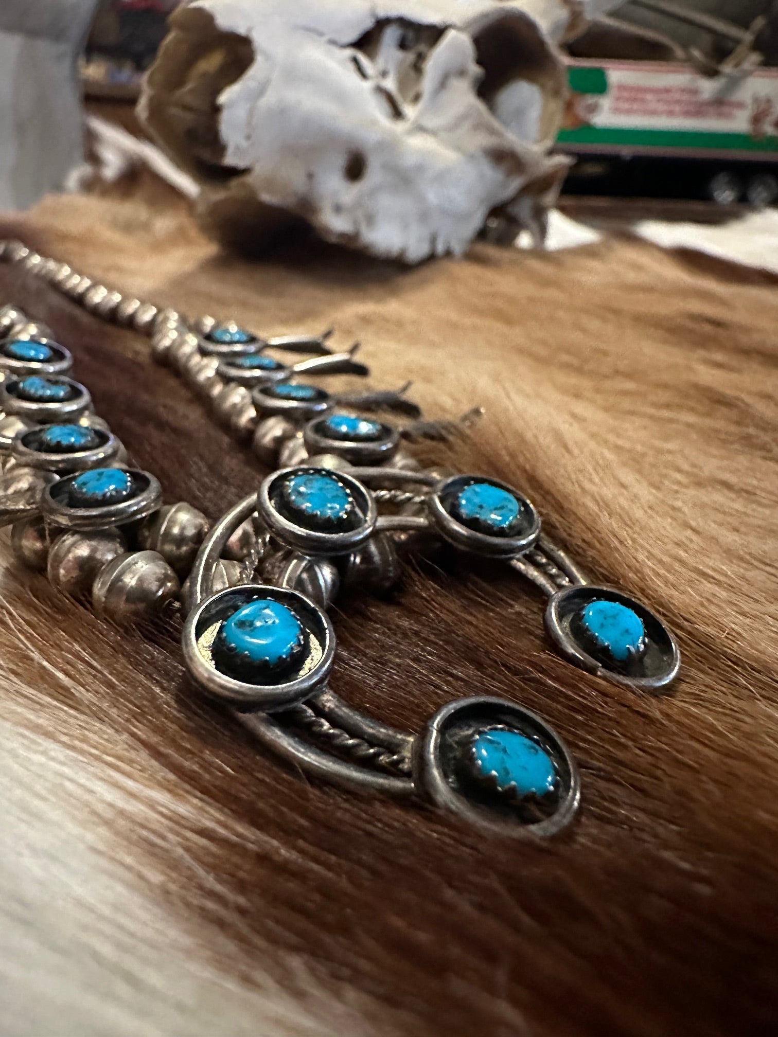 Sterling Silver and Genuine Turquoise Navajo Made Squash Blossom Necklace - I Bought a Yard Sale