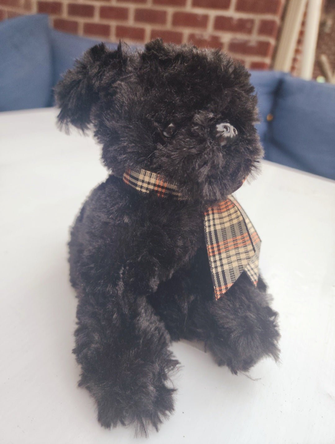 The Bearington Collection BABY JAKE Plush Dog Black Puppy 8” plaid bow - I Bought a Yard Sale