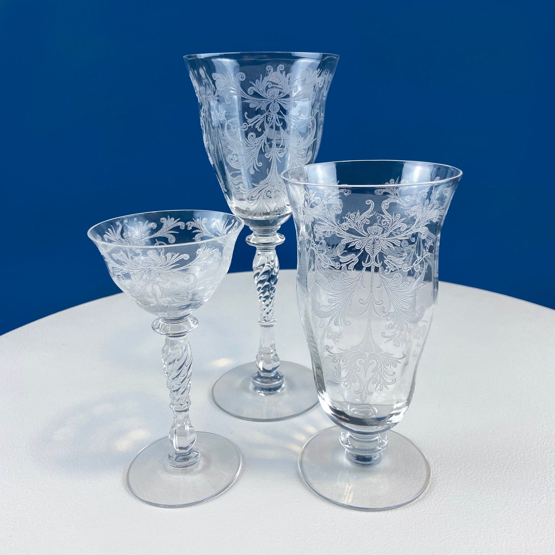 Tiffin Franciscan Water or Juice Glasses. Set of Five Byzantine Etched Stemware. Floral Motif. Fine Dining. Collectible Stemware. - I Bought a Yard Sale