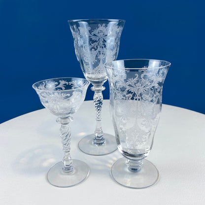 Tiffin Franciscan Water or Juice Glasses. Set of Five Byzantine Etched Stemware. Floral Motif. Fine Dining. Collectible Stemware. - I Bought a Yard Sale