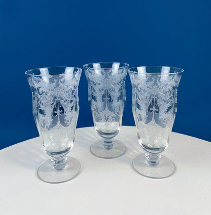 Tiffin Franciscan Water or Juice Glasses. Set of Five Byzantine Etched Stemware. Floral Motif. Fine Dining. Collectible Stemware. - I Bought a Yard Sale