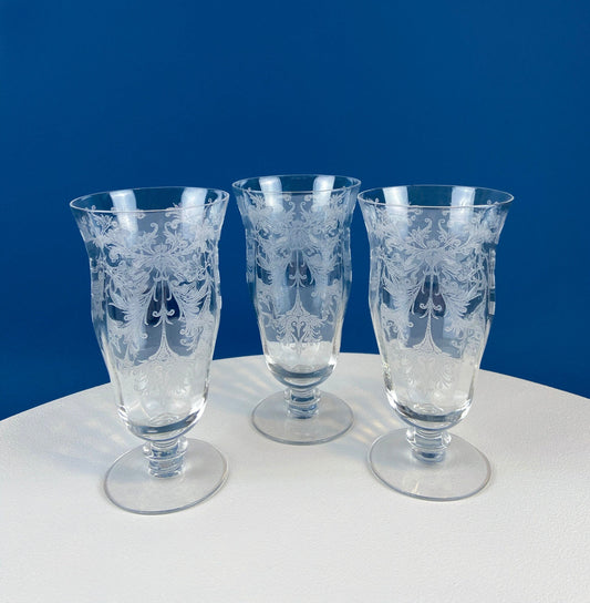 Tiffin Franciscan Water or Juice Glasses. Set of Five Byzantine Etched Stemware. Floral Motif. Fine Dining. Collectible Stemware. - I Bought a Yard Sale