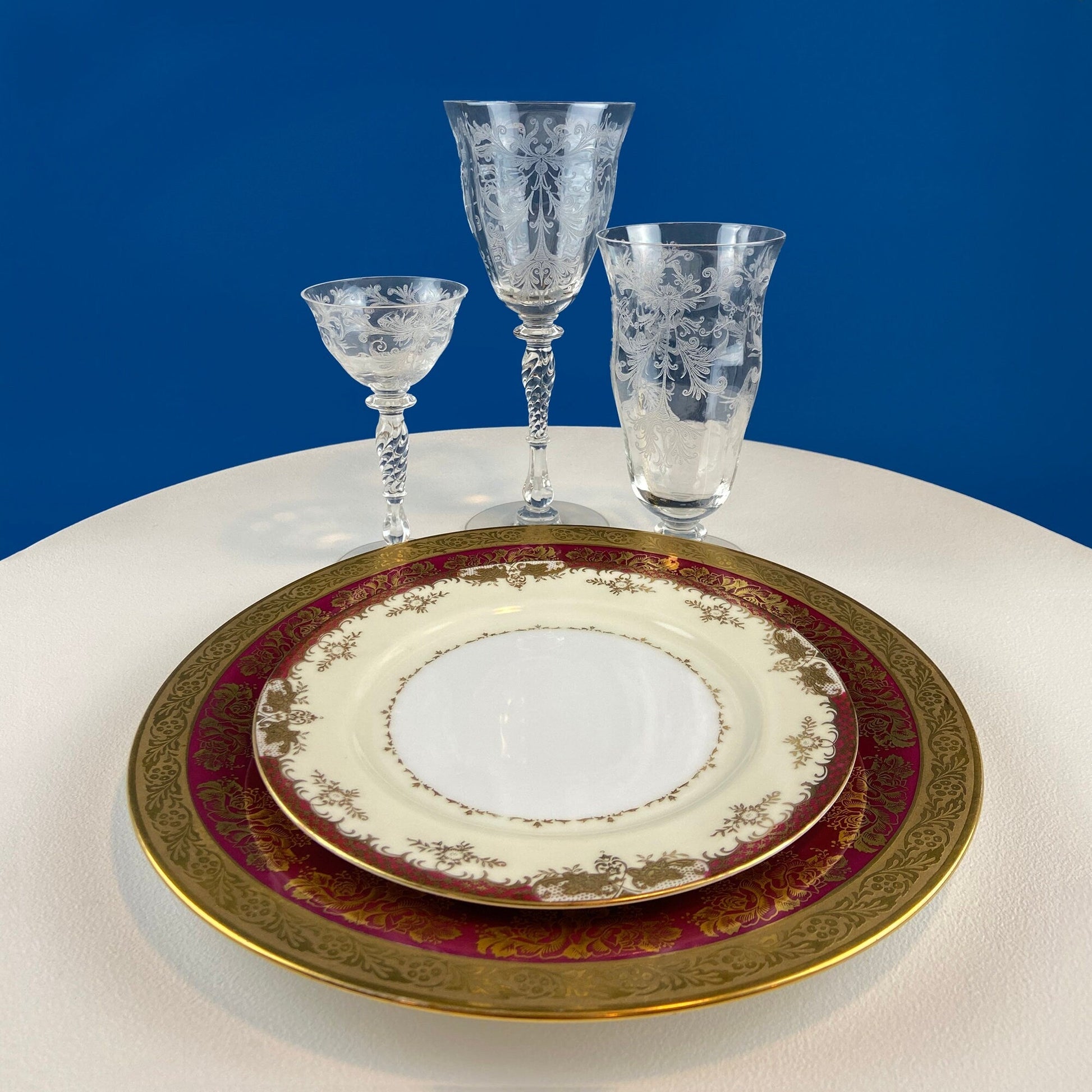 Tiffin Franciscan Water or Juice Glasses. Set of Five Byzantine Etched Stemware. Floral Motif. Fine Dining. Collectible Stemware. - I Bought a Yard Sale