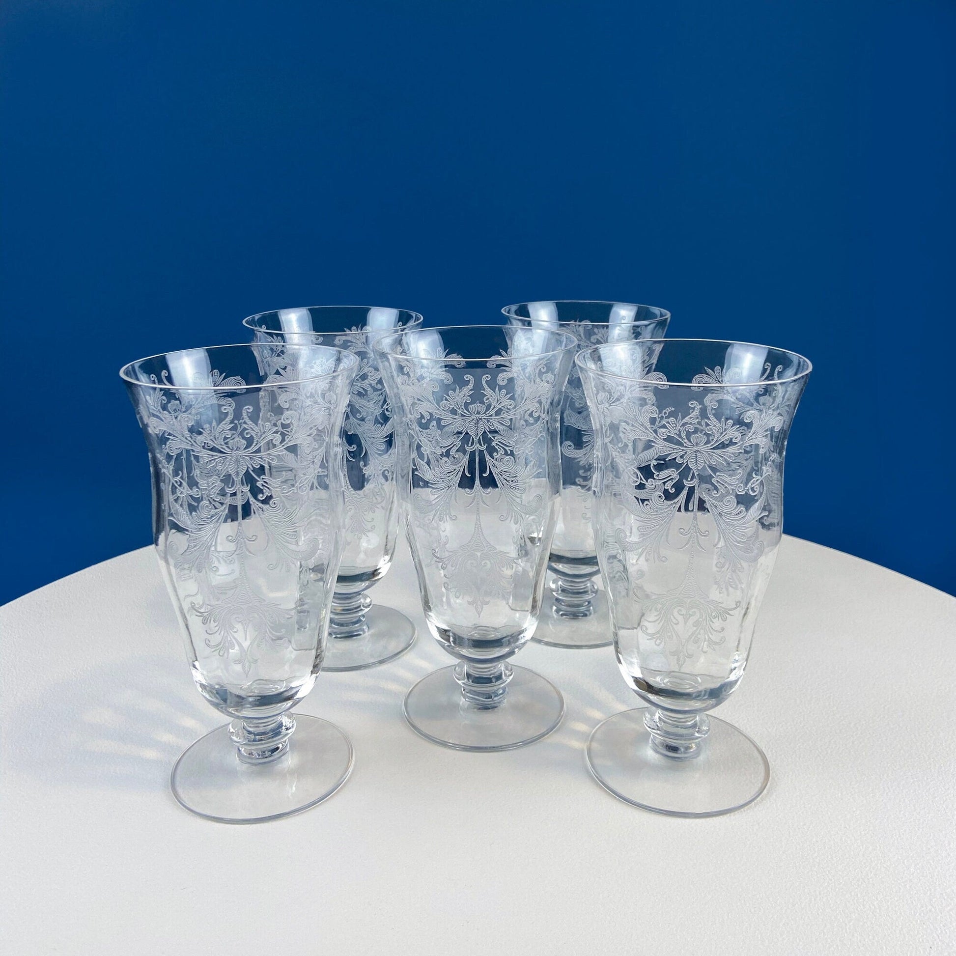 Tiffin Franciscan Water or Juice Glasses. Set of Five Byzantine Etched Stemware. Floral Motif. Fine Dining. Collectible Stemware. - I Bought a Yard Sale
