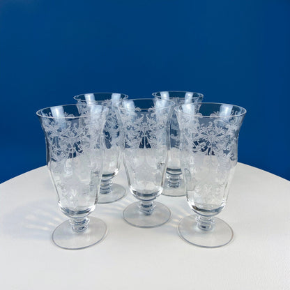 Tiffin Franciscan Water or Juice Glasses. Set of Five Byzantine Etched Stemware. Floral Motif. Fine Dining. Collectible Stemware. - I Bought a Yard Sale