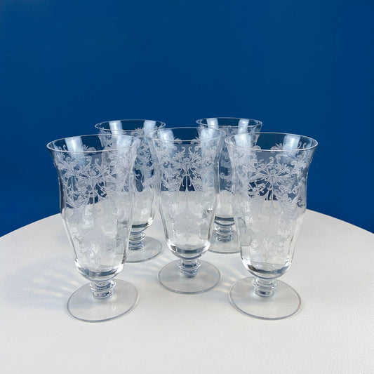Tiffin Franciscan Water or Juice Glasses. Set of Five Byzantine Etched Stemware. Floral Motif. Fine Dining. Collectible Stemware. - I Bought a Yard Sale
