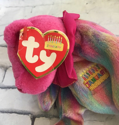 Ty January Birthday Bear Beanie Baby! This vibrant bear features rainbow tie - dye - I Bought a Yard Sale