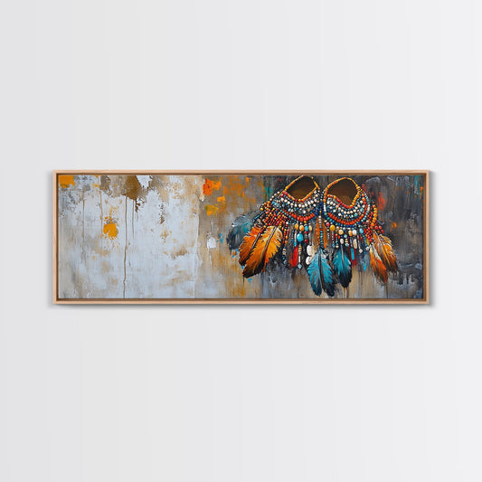 Vibrant Feathers, western wall art, native american painting, rustic decor, bold colors, extra wide art, panoramic art, framed canvas print - I Bought a Yard Sale