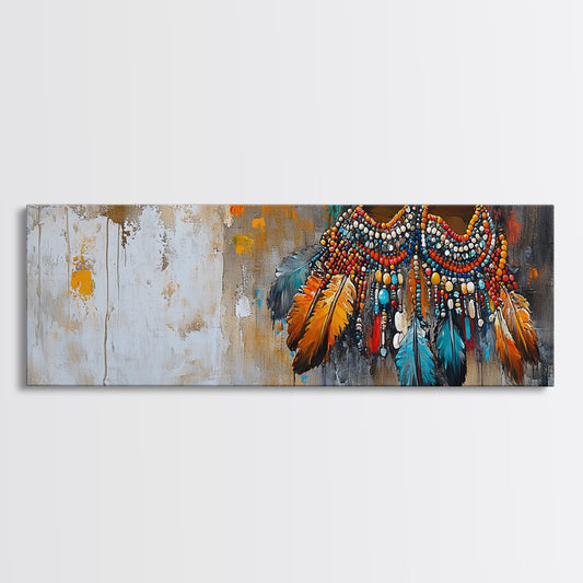 Vibrant Feathers, western wall art, native american painting, rustic decor, bold colors, extra wide art, panoramic art, framed canvas print - I Bought a Yard Sale