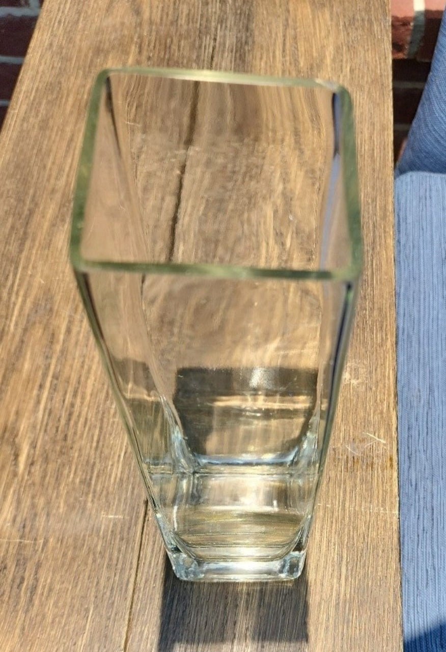 VINTAGE 10.5" TALL CUBE MODERNIST SQUARE WELL MADE GLASS FLOWER VASE - I Bought a Yard Sale