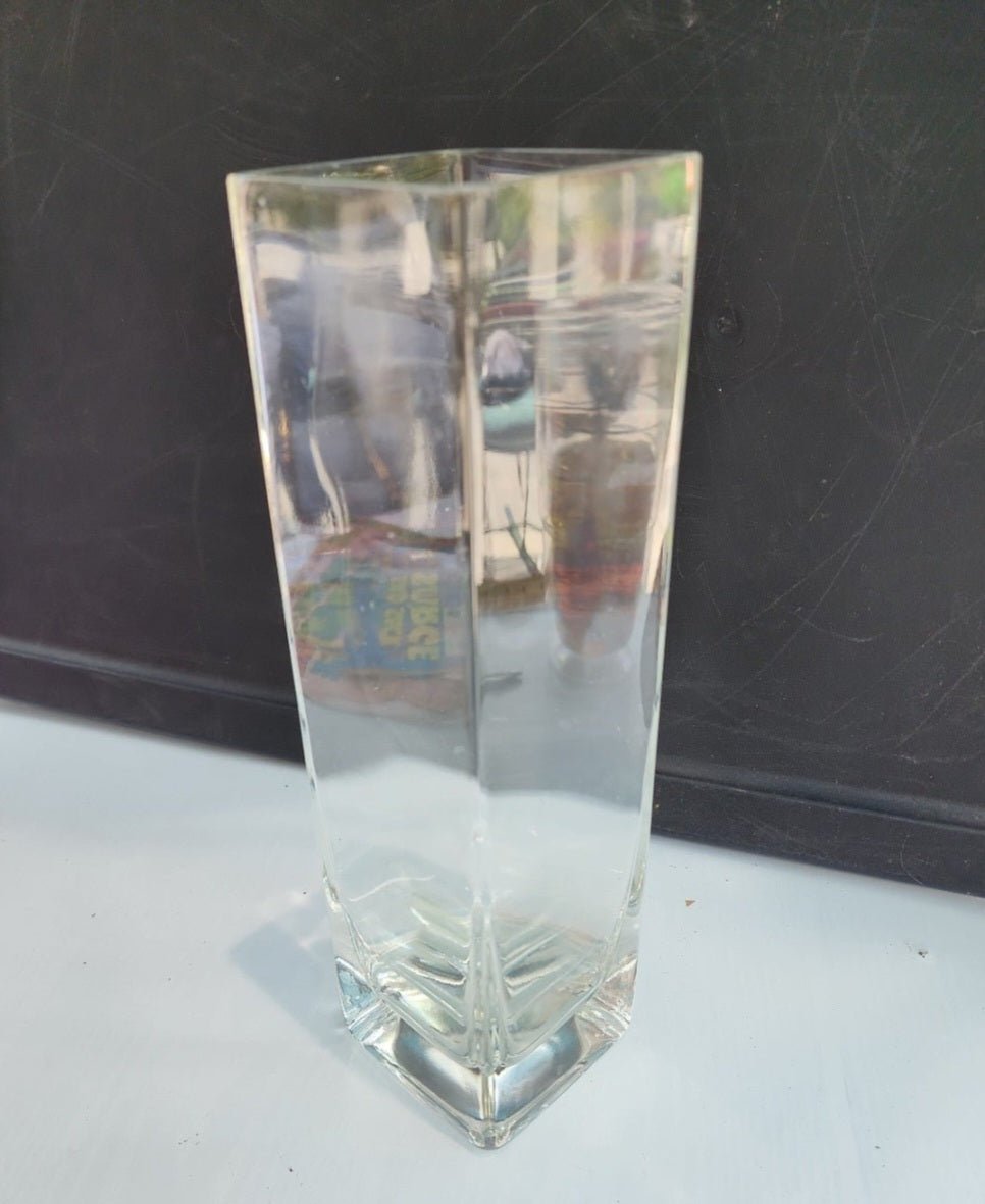 VINTAGE 10.5" TALL CUBE MODERNIST SQUARE WELL MADE GLASS FLOWER VASE - I Bought a Yard Sale