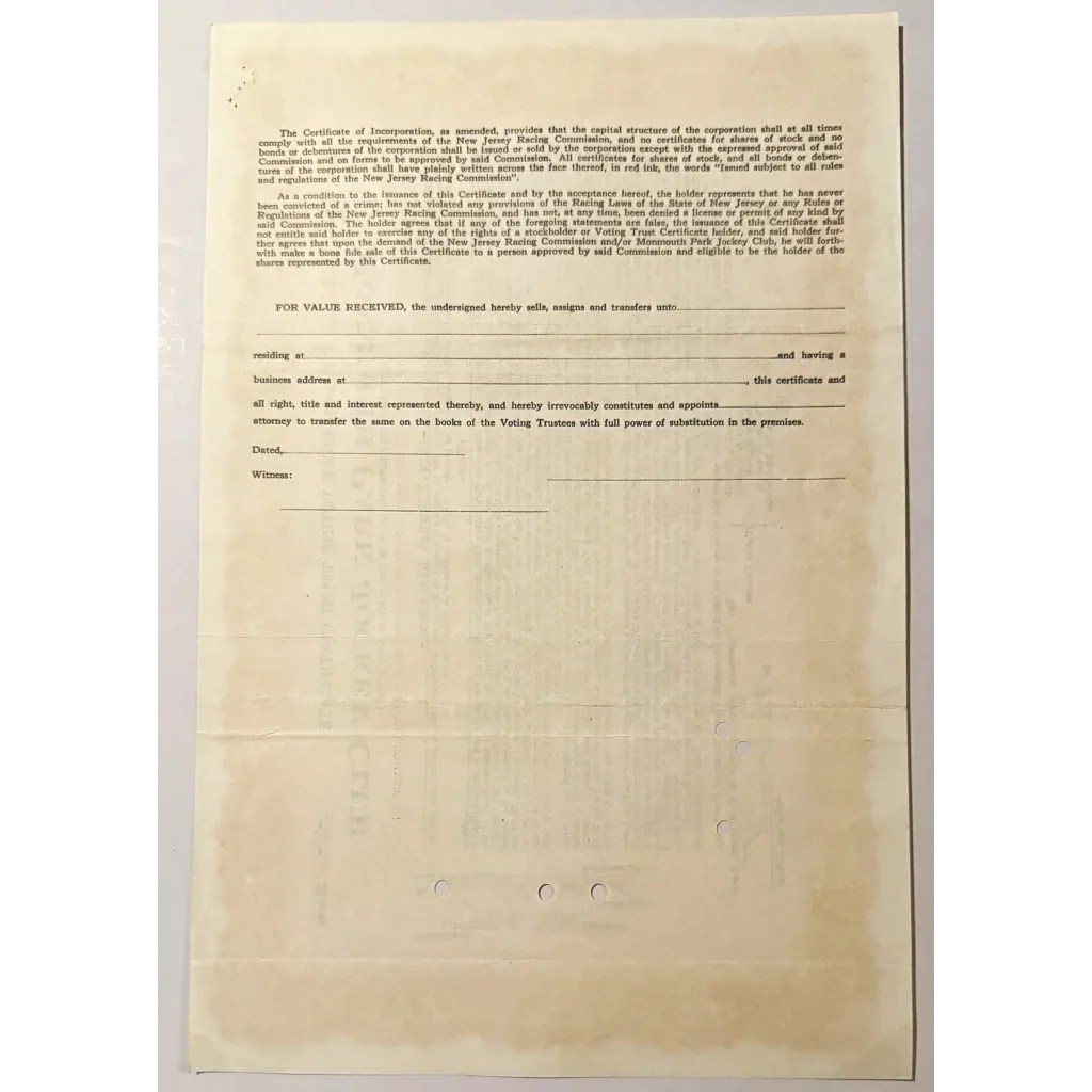 Vintage 1940s–1950s Monmouth Park Jockey Club Stock Certificate 🏇 Postwar Jersey Shore Horse Racing
