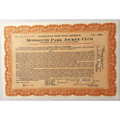 Vintage 1940s–1950s Monmouth Park Jockey Club Stock Certificate 🏇 Postwar Jersey Shore Horse Racing