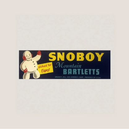Vintage Snoboy Snowman Crate Label ❄️ Mountain Bartletts Pear Advertising Art, Los Angeles Calif