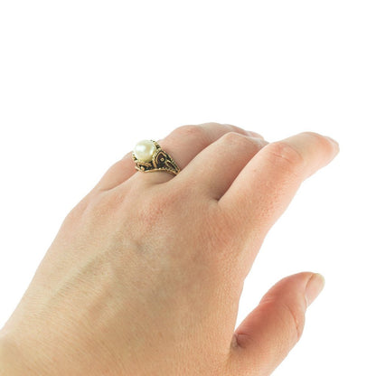 Vintage 1970's Pearl Bead Ring Antiqued 18k Gold Electroplated Made in USA by PVD Vintage Jewelry - I Bought a Yard Sale