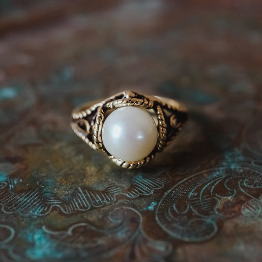 Vintage 1970's Pearl Bead Ring Antiqued 18k Gold Electroplated Made in USA by PVD Vintage Jewelry - I Bought a Yard Sale