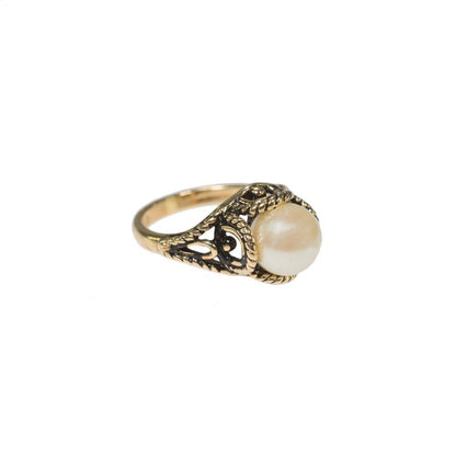 Vintage 1970's Pearl Bead Ring Antiqued 18k Gold Electroplated Made in USA by PVD Vintage Jewelry - I Bought a Yard Sale