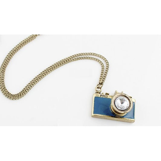 Vintage Camera Necklace in Teal | Antique Brass Long Chain | Gift Box by The Bullish Store - I Bought a Yard Sale