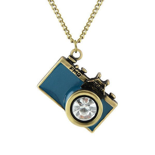 Vintage Camera Necklace in Teal | Antique Brass Long Chain | Gift Box by The Bullish Store - I Bought a Yard Sale