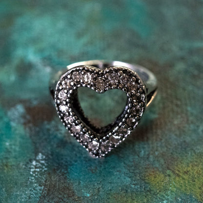 Vintage Clear Austrian Crystal Heart Ring Antiqued 18k White Gold Electroplated Made in USA by PVD Vintage Jewelry - I Bought a Yard Sale