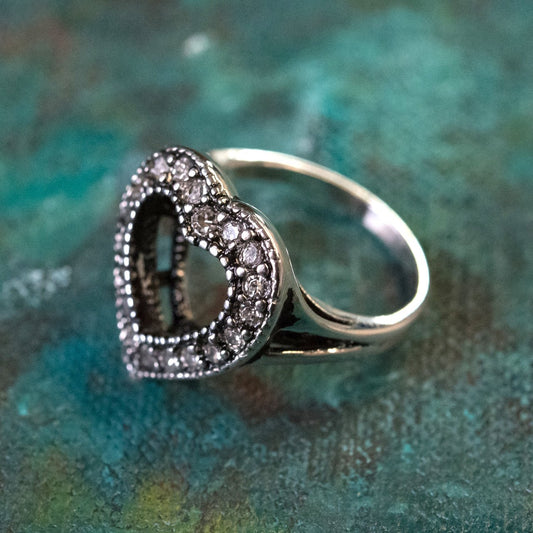 Vintage Clear Austrian Crystal Heart Ring Antiqued 18k White Gold Electroplated Made in USA by PVD Vintage Jewelry - I Bought a Yard Sale