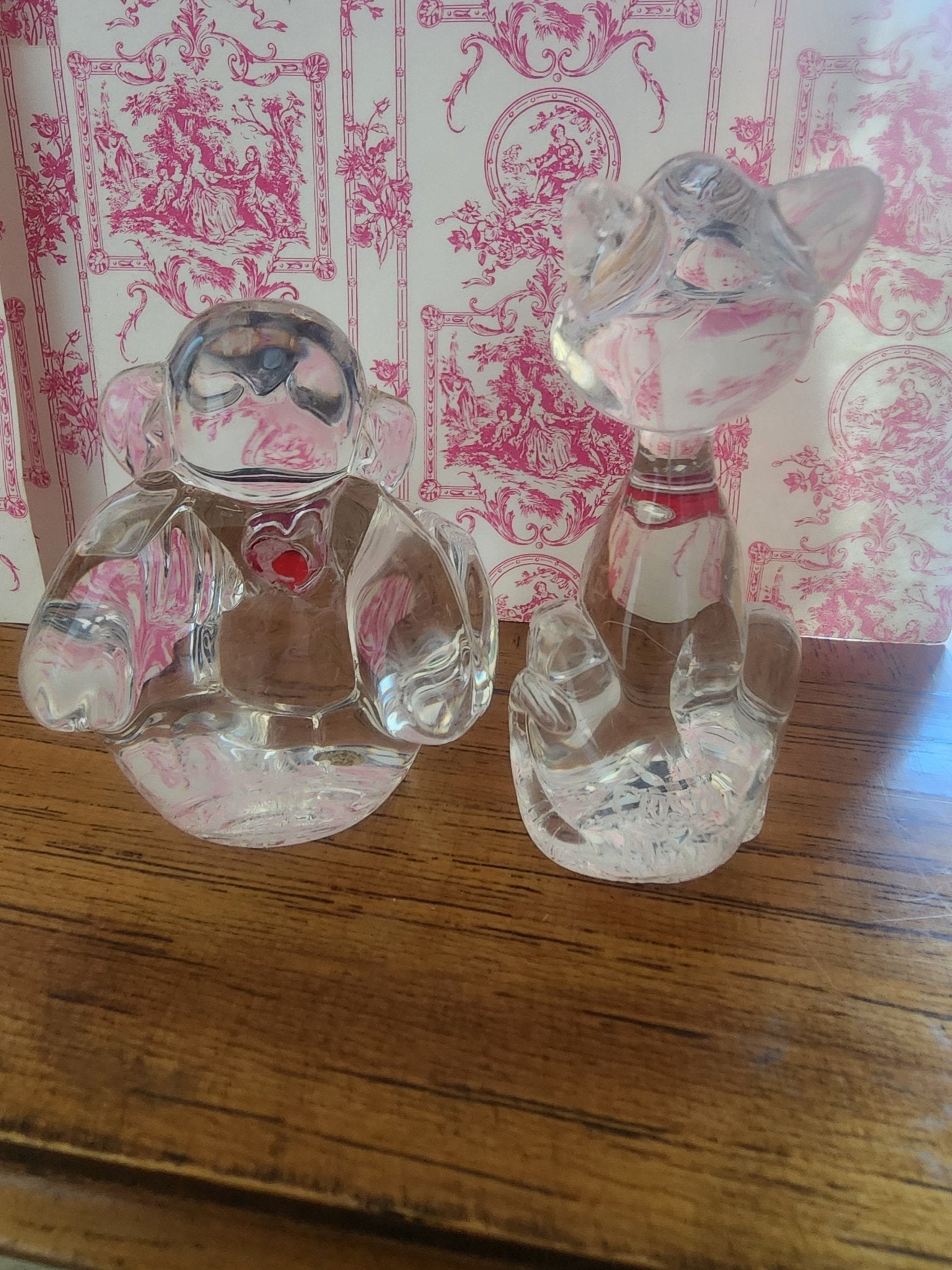 Vintage Crystal Heart Collection Lot, Clear With Red Hearts, Monkey, and Cat - I Bought a Yard Sale
