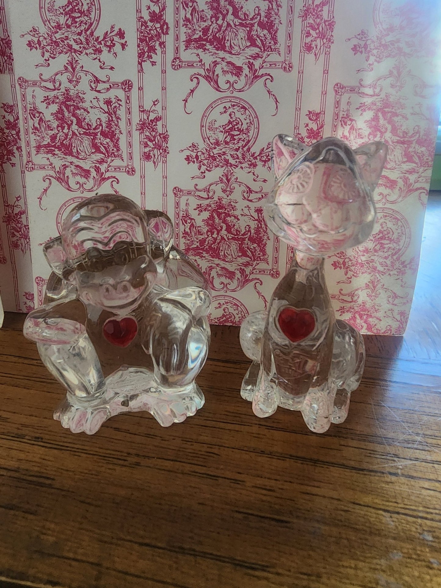 Vintage Crystal Heart Collection Lot, Clear With Red Hearts, Monkey, and Cat - I Bought a Yard Sale