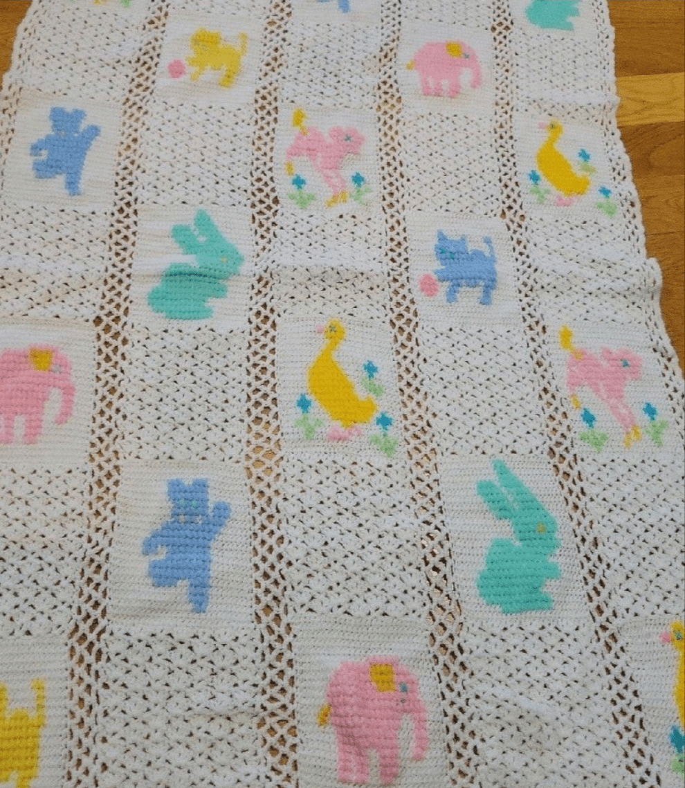 Vintage Easter Baby Crochet Quilt with animals rabbits ducks - I Bought a Yard Sale
