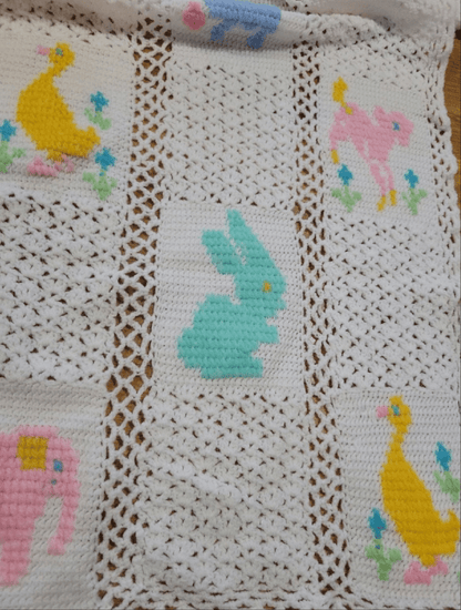 Vintage Easter Baby Crochet Quilt with animals rabbits ducks - I Bought a Yard Sale