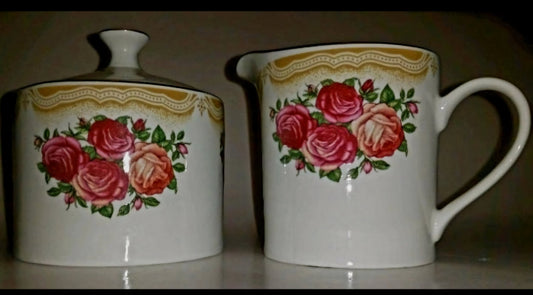 Vintage Farberware China Sydney Roses Sugar Bowl and Creamer Set - Good Condition - I Bought a Yard Sale