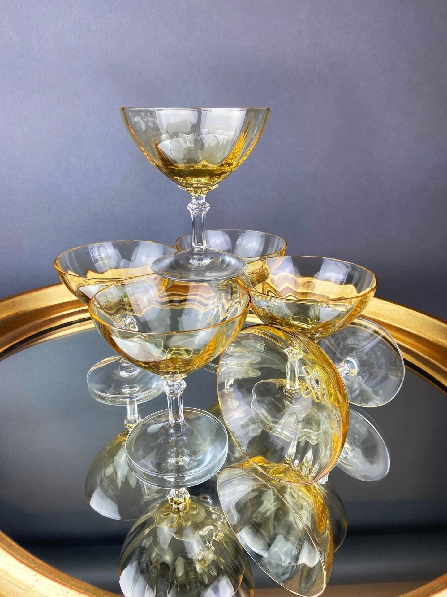 Vintage Fostoria Crystal Topaz Champagne Glasses. Light Yellow Depression Glass Low Sherbet Stemware. Gold Footed Glasses. Set of Six. - I Bought a Yard Sale