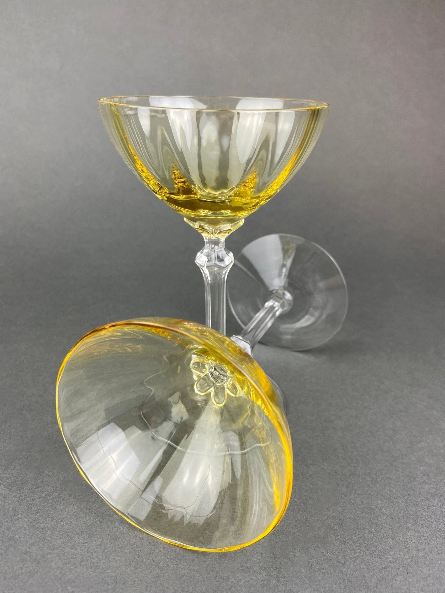 Vintage Fostoria Crystal Topaz Champagne Glasses. Light Yellow Depression Glass Low Sherbet Stemware. Gold Footed Glasses. Set of Six. - I Bought a Yard Sale