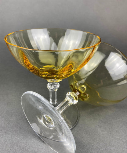 Vintage Fostoria Crystal Topaz Champagne Glasses. Light Yellow Depression Glass Low Sherbet Stemware. Gold Footed Glasses. Set of Six. - I Bought a Yard Sale