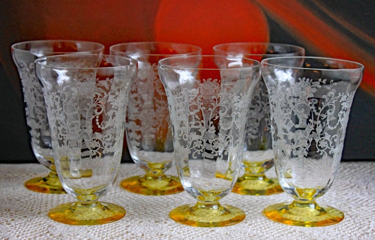 Vintage Fostoria Crystal Topaz Champagne Glasses. Light Yellow Depression Glass Low Sherbet Stemware. Gold Footed Glasses. Set of Six. - I Bought a Yard Sale