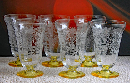 Vintage Fostoria Crystal Topaz Champagne Glasses. Light Yellow Depression Glass Low Sherbet Stemware. Gold Footed Glasses. Set of Six. - I Bought a Yard Sale