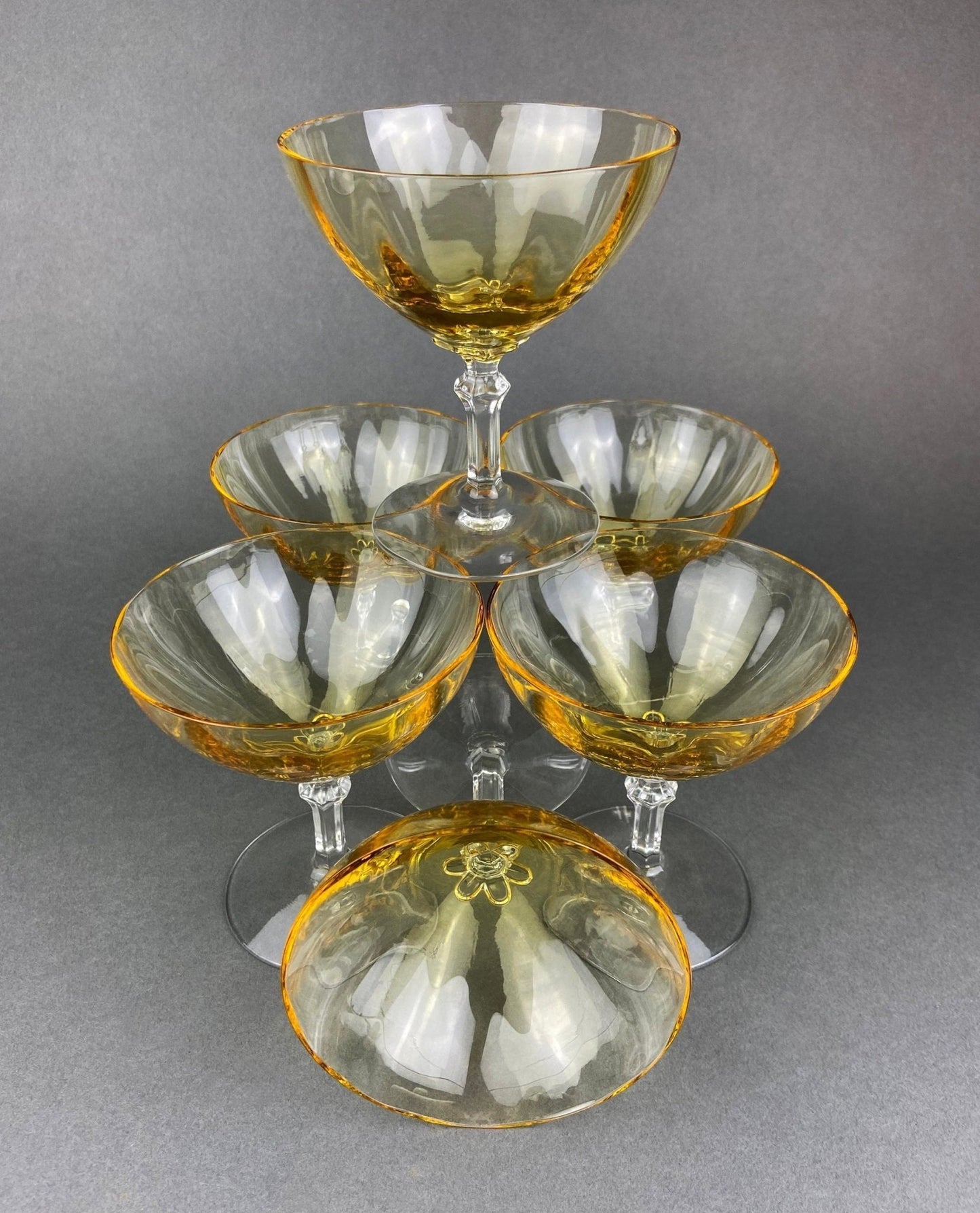 Vintage Fostoria Crystal Topaz Champagne Glasses. Light Yellow Depression Glass Low Sherbet Stemware. Gold Footed Glasses. Set of Six. - I Bought a Yard Sale