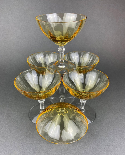 Vintage Fostoria Crystal Topaz Champagne Glasses. Light Yellow Depression Glass Low Sherbet Stemware. Gold Footed Glasses. Set of Six. - I Bought a Yard Sale