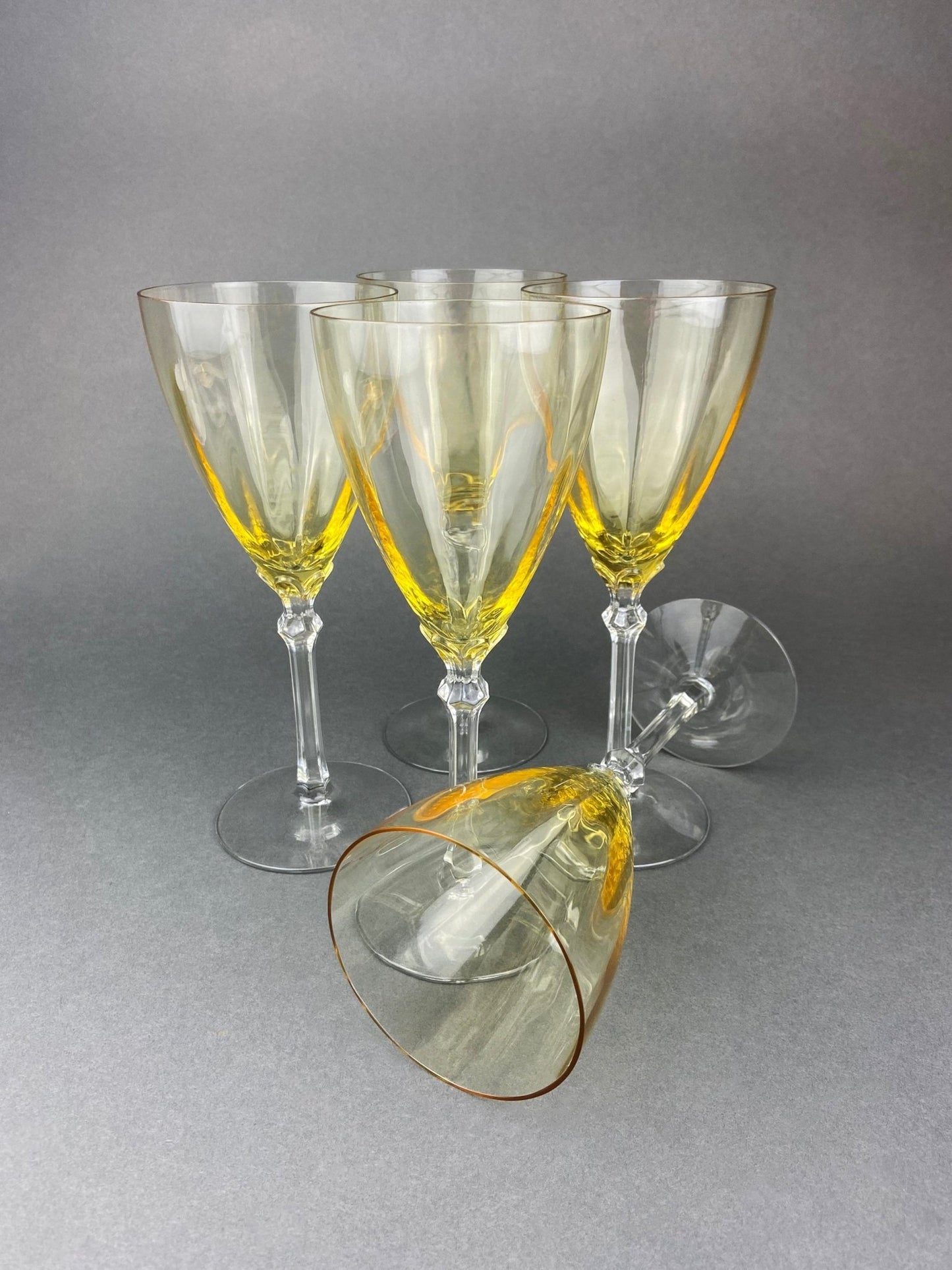 Vintage Fostoria Crystal Topaz Champagne Glasses. Light Yellow Depression Glass Low Sherbet Stemware. Gold Footed Glasses. Set of Six. - I Bought a Yard Sale