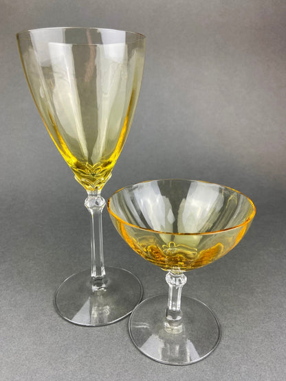 Vintage Fostoria Crystal Topaz Champagne Glasses. Light Yellow Depression Glass Low Sherbet Stemware. Gold Footed Glasses. Set of Six. - I Bought a Yard Sale