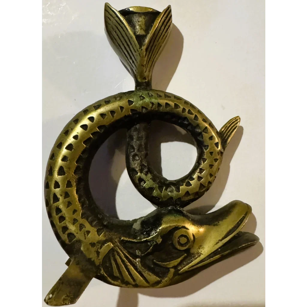 Vintage Bronze Fish Candlestick 🐟 Coiled Figural Candle Holder with Aged Verdigris Patina