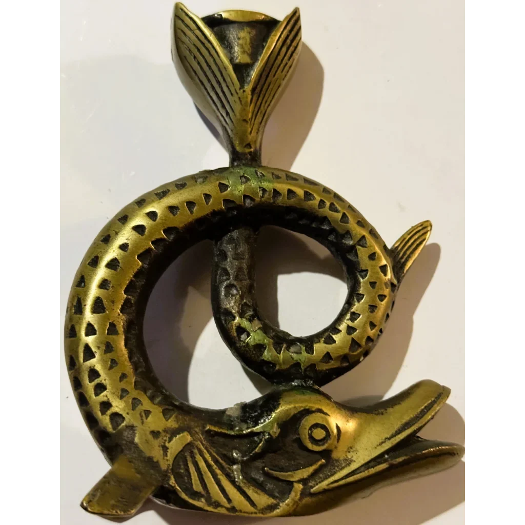 Vintage Bronze Fish Candlestick 🐟 Coiled Figural Candle Holder with Aged Verdigris Patina
