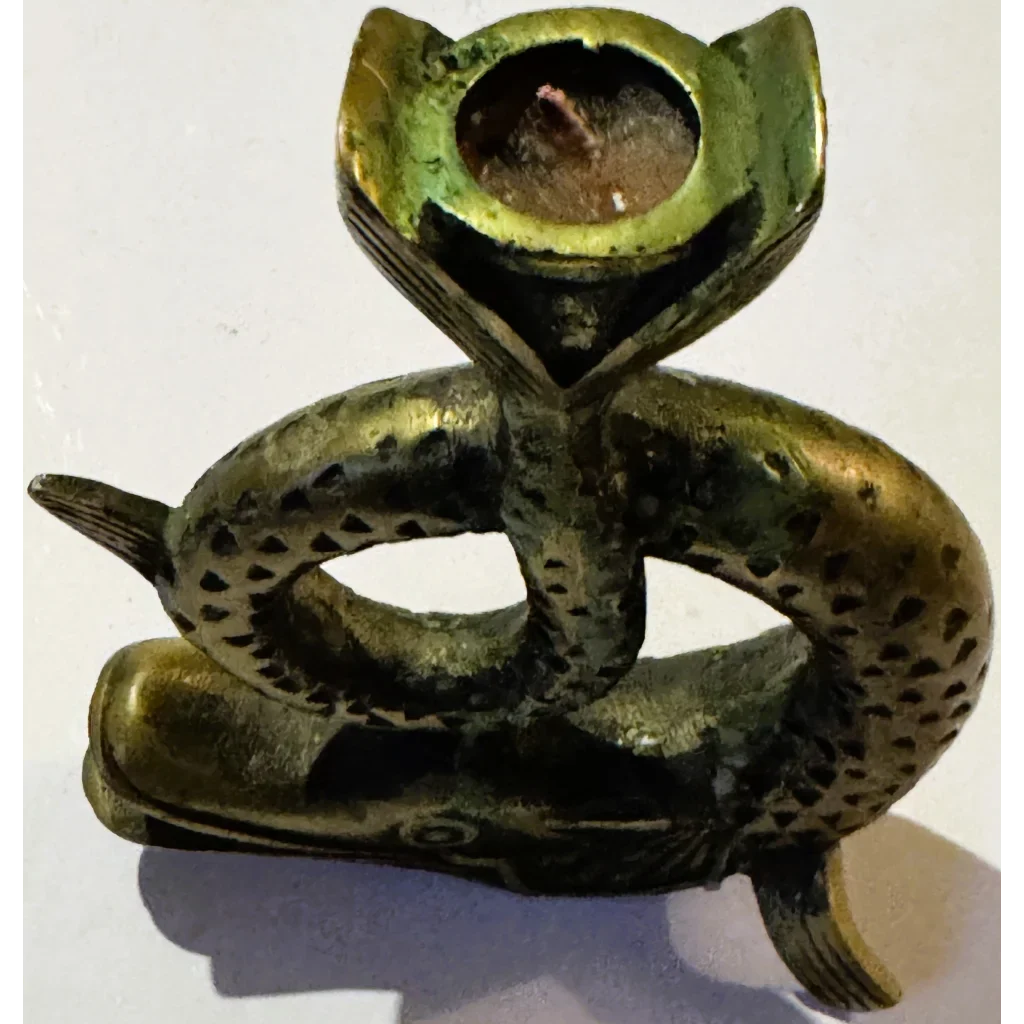Vintage Bronze Fish Candlestick 🐟 Coiled Figural Candle Holder with Aged Verdigris Patina