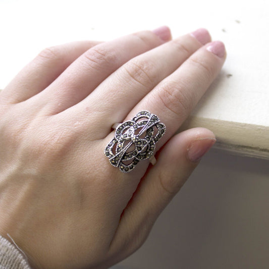 Vintage Genuine Marcasite Cocktail Ring 1800s Design 18k Antiqued White Gold Electroplate by PVD Vintage Jewelry - I Bought a Yard Sale
