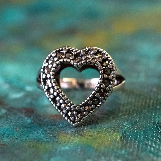 Vintage Genuine Marcasite Heart Ring Antiqued 18k White Gold Electroplated Made in USA by PVD Vintage Jewelry - I Bought a Yard Sale