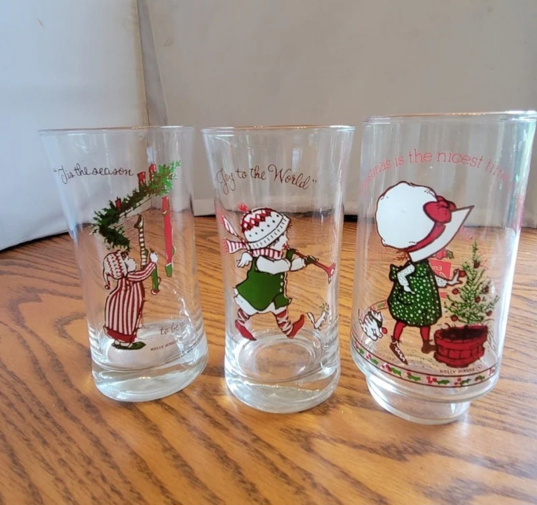 Vintage Holly Hobbie Christmas Glasses Coca Cola set of 3 - I Bought a Yard Sale