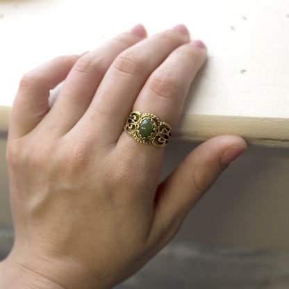 Vintage Jewelry Genuine Jade Ring Antiqued 18kt Yellow Gold Electroplated Made in the USA by PVD Vintage Jewelry - I Bought a Yard Sale