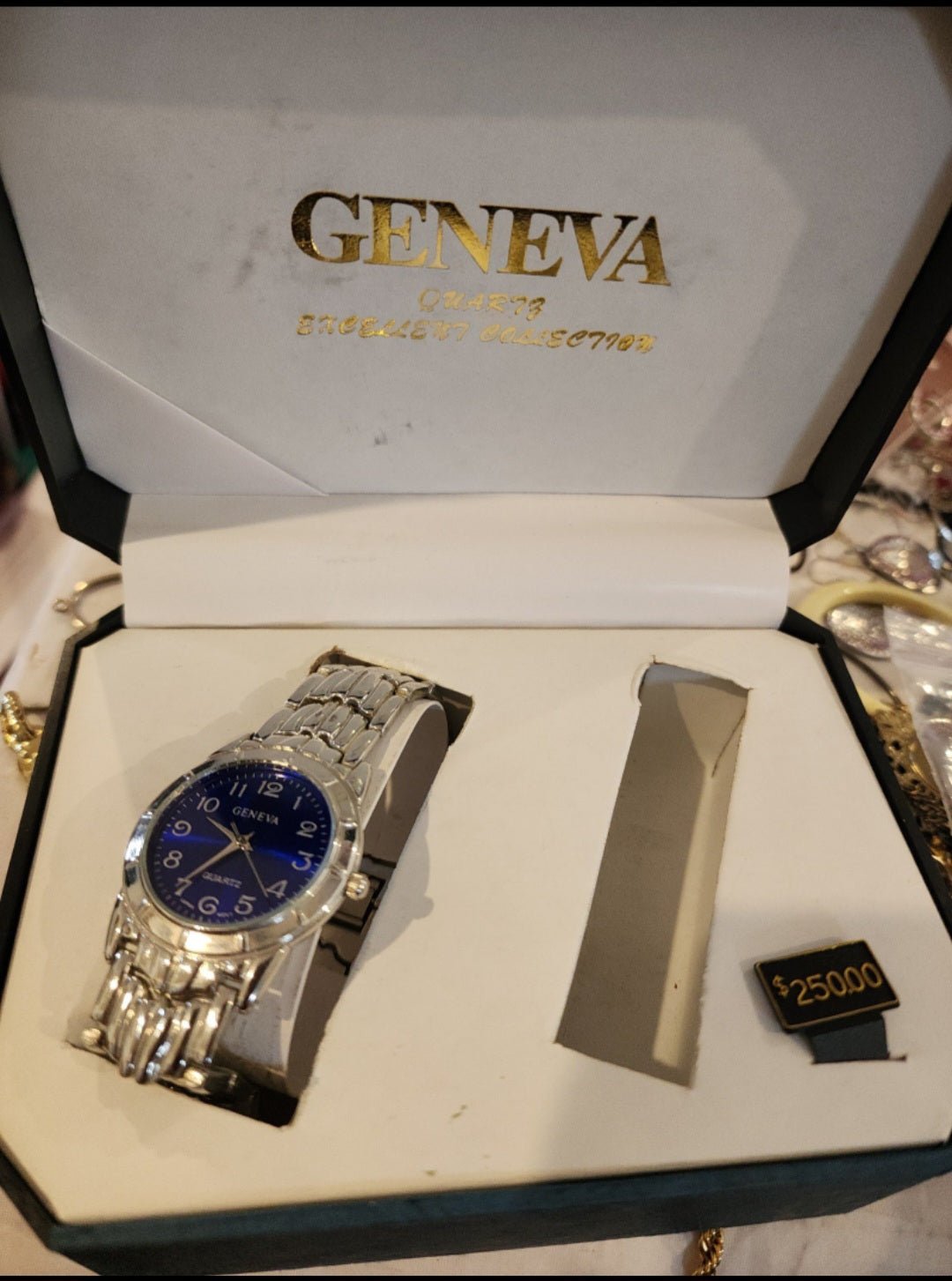 Vintage Men's Blue Geneva Quartz Movement Watch. Stainless steel back. - I Bought a Yard Sale