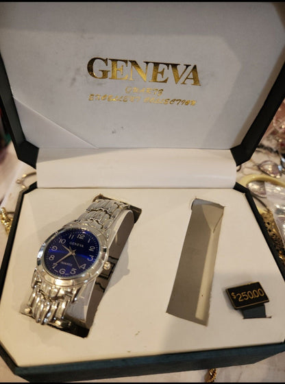Vintage Men's Blue Geneva Quartz Movement Watch. Stainless steel back. - I Bought a Yard Sale