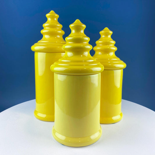 Vintage Mid Century Modern Yellow Ceramic Lantern Shaped Canisters with Lids. Set of 3. Kitchen Dining Rm Decor. Modern Farmhouse. - I Bought a Yard Sale